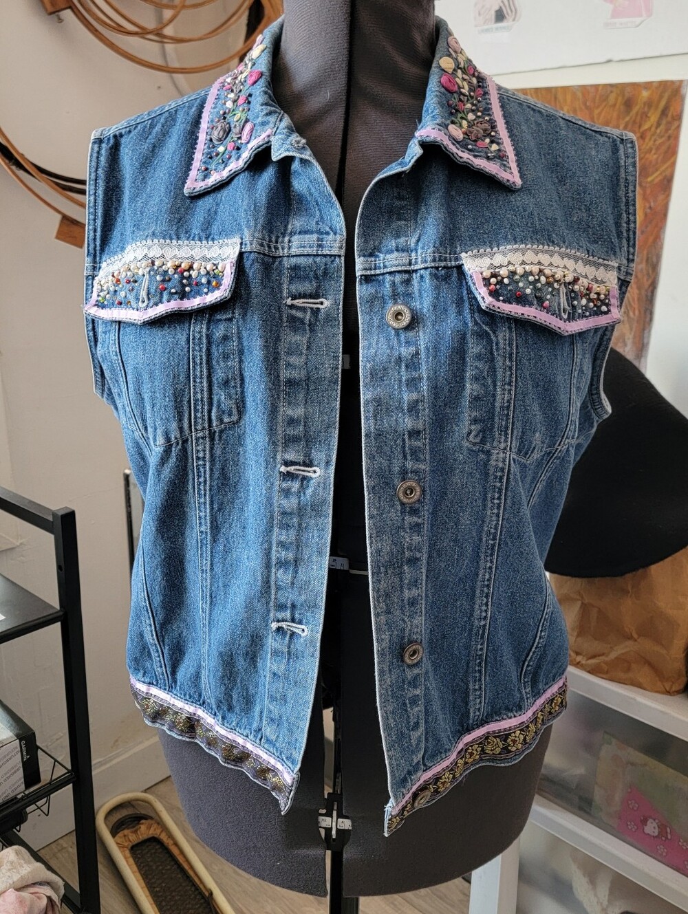 Faded Glory Upcycled Blue Denim Vest with Lilac Trim - XL